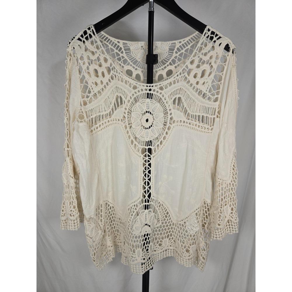 Ivory Crochet Lace Embroidered Open Knit Top Sz XL Cotton Boho Festival Layering